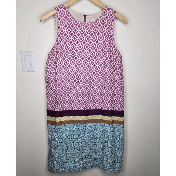 LOFT Sleeveless 100% Linen Patterned Colorblock Summer Dress Size 10 - Picture 1 of 9